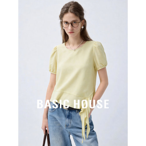 Basic House/百家好圆领泡泡袖衬衫女绑带显瘦气质短袖上衣夏新款