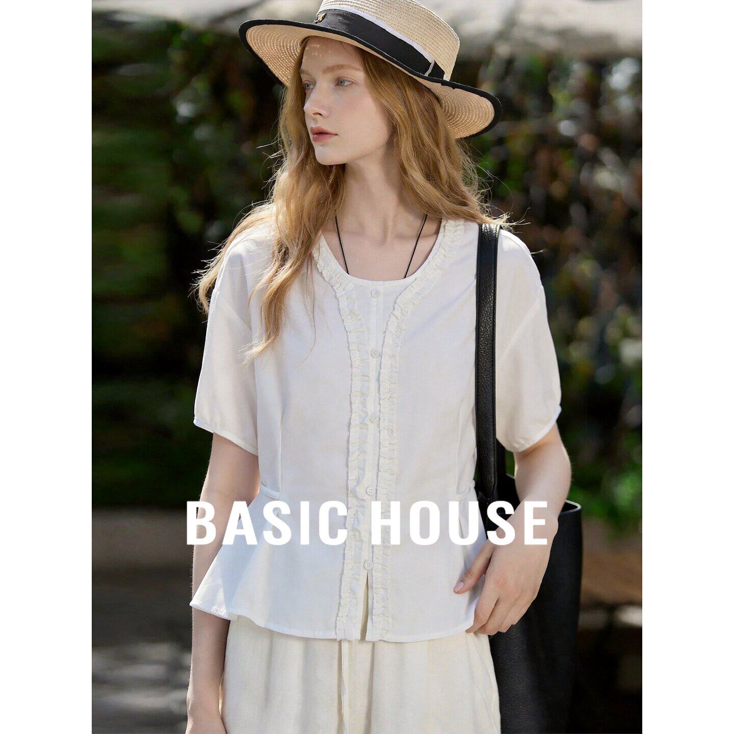 Basic House/百家好白色苎麻莱赛尔短袖圆领木耳边系带气质衬衫女