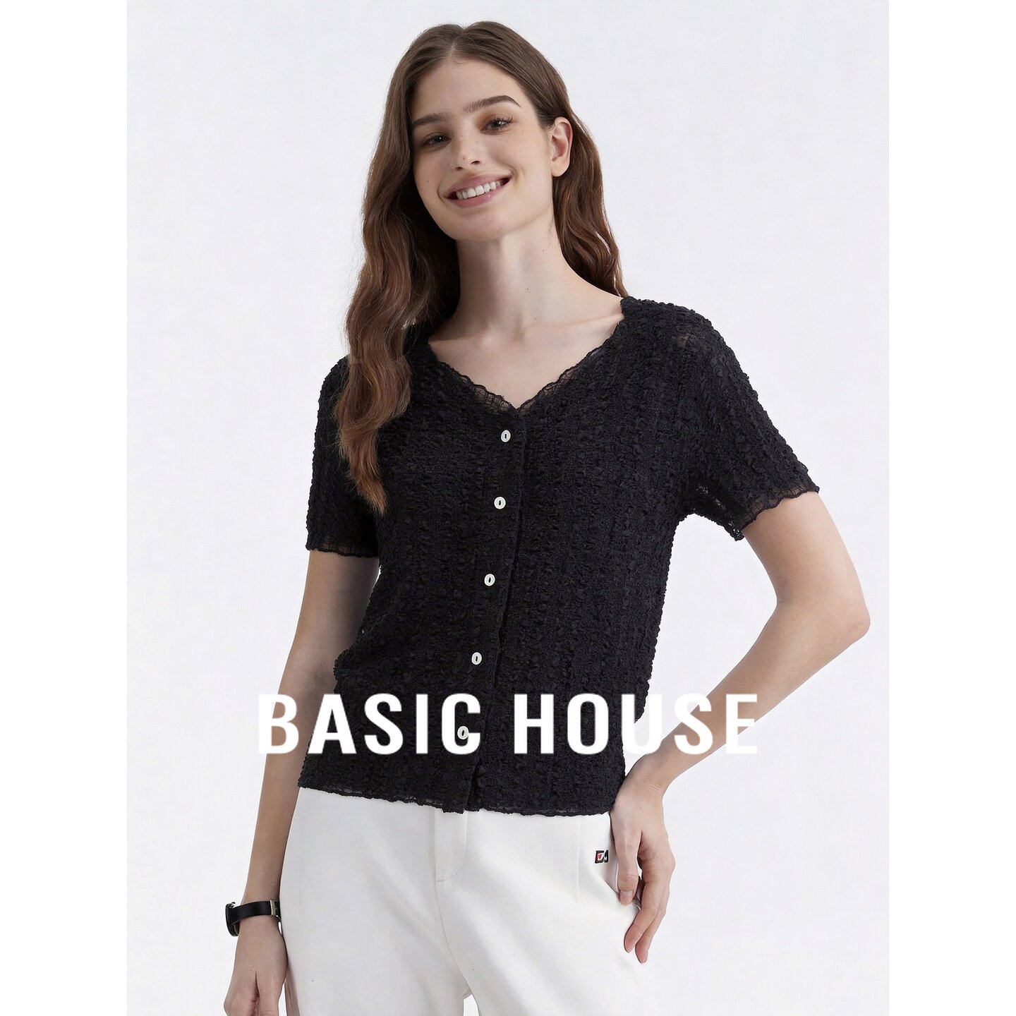 Basic House/百家好极简V领短袖针织开衫女夏季黑色修身显瘦上衣