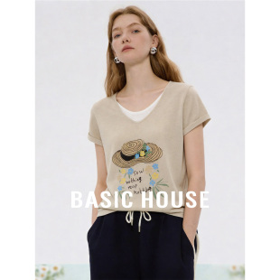 Basic House/百家好米色假两件短袖针织衫女春夏新款百搭上衣内搭