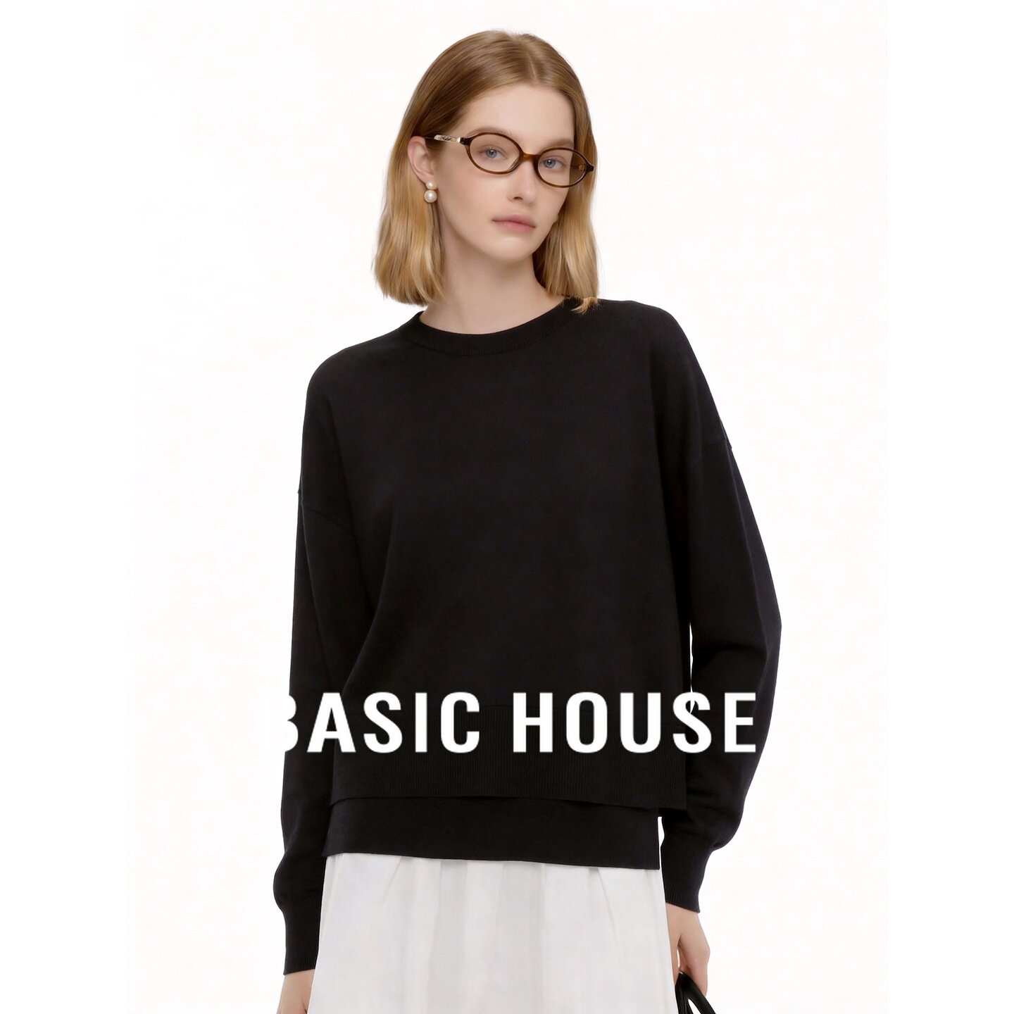 Basic House/百家好莱赛尔黑色圆领套头针织衫女宽松慵懒风毛衣