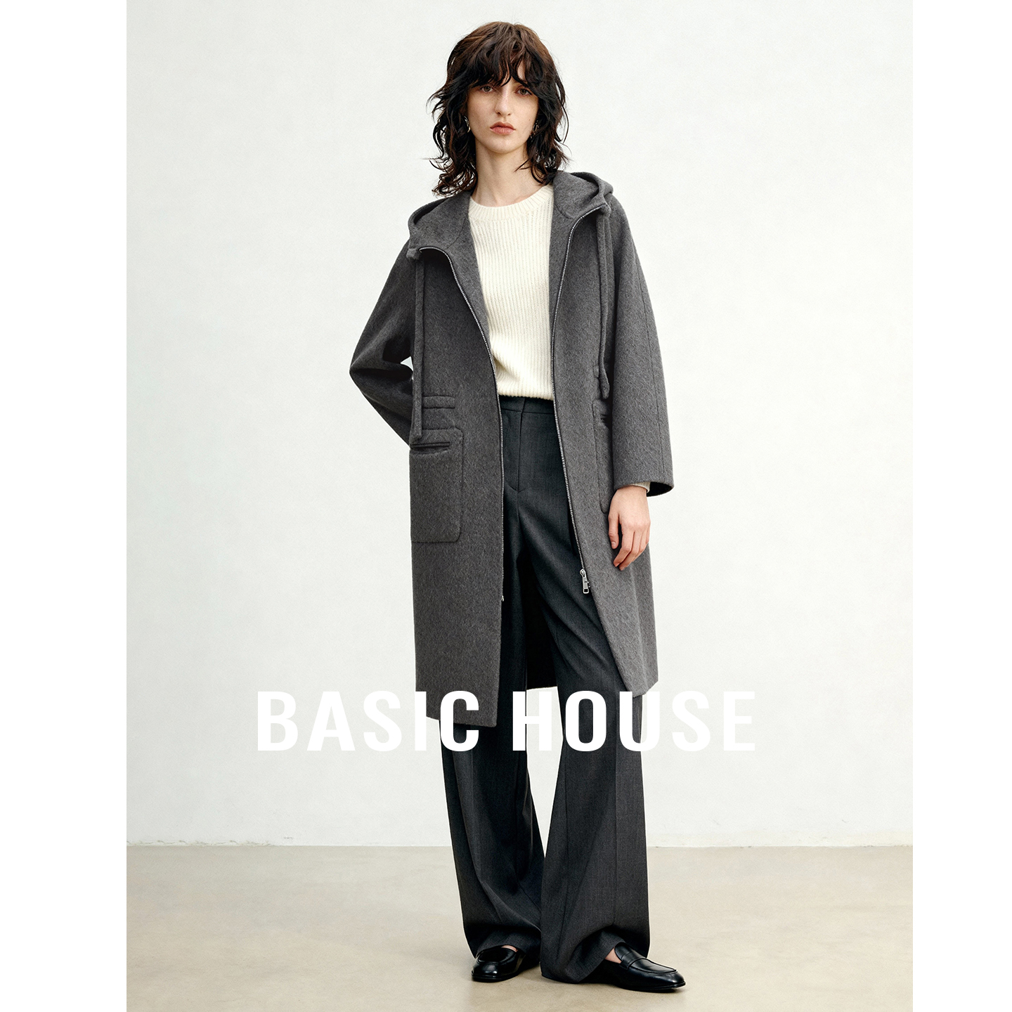 Basic House/百家好绵羊毛长款连帽双面呢大衣女25冬新款毛呢外套