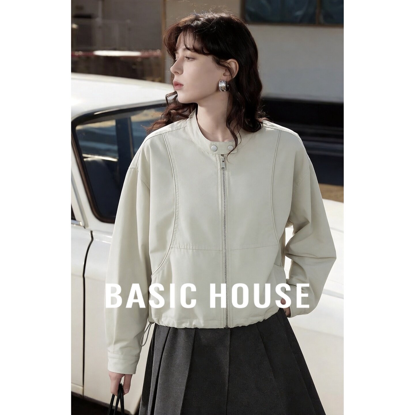 Basic House/百家好杏色极简风棉质亨利领宽松休闲百搭女装短外套
