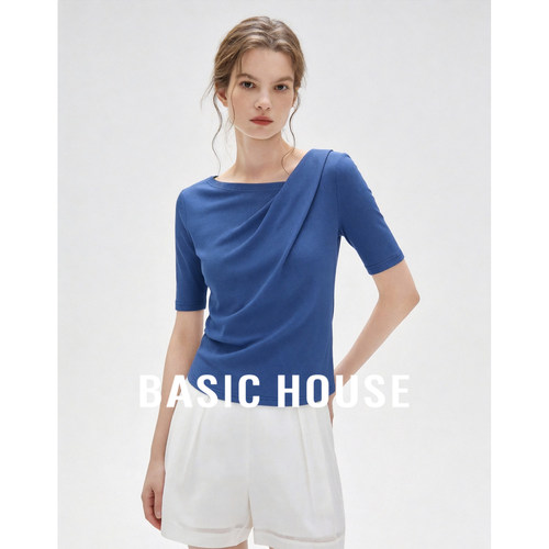 Basic House/百家好蓝色简约短袖T恤女2026夏季荡领修身舒适上衣