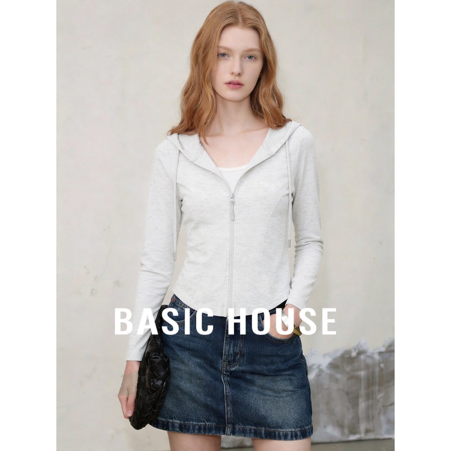 Basic House/百家好修身连帽拉链卫衣女显瘦收腰开衫百搭休闲外套