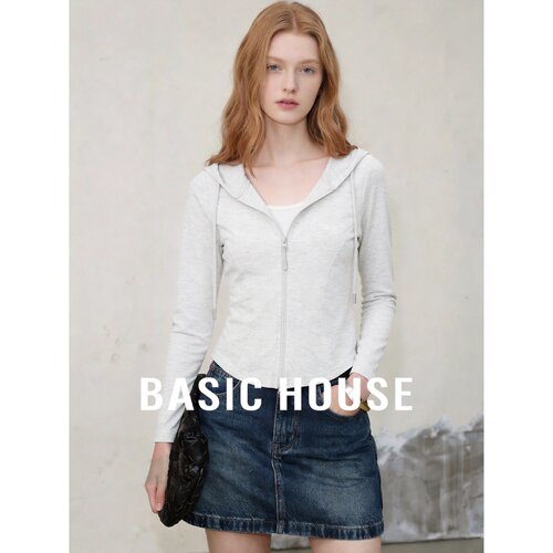 Basic House/百家好修身连帽拉链卫衣女显瘦收腰开衫百搭休闲外套