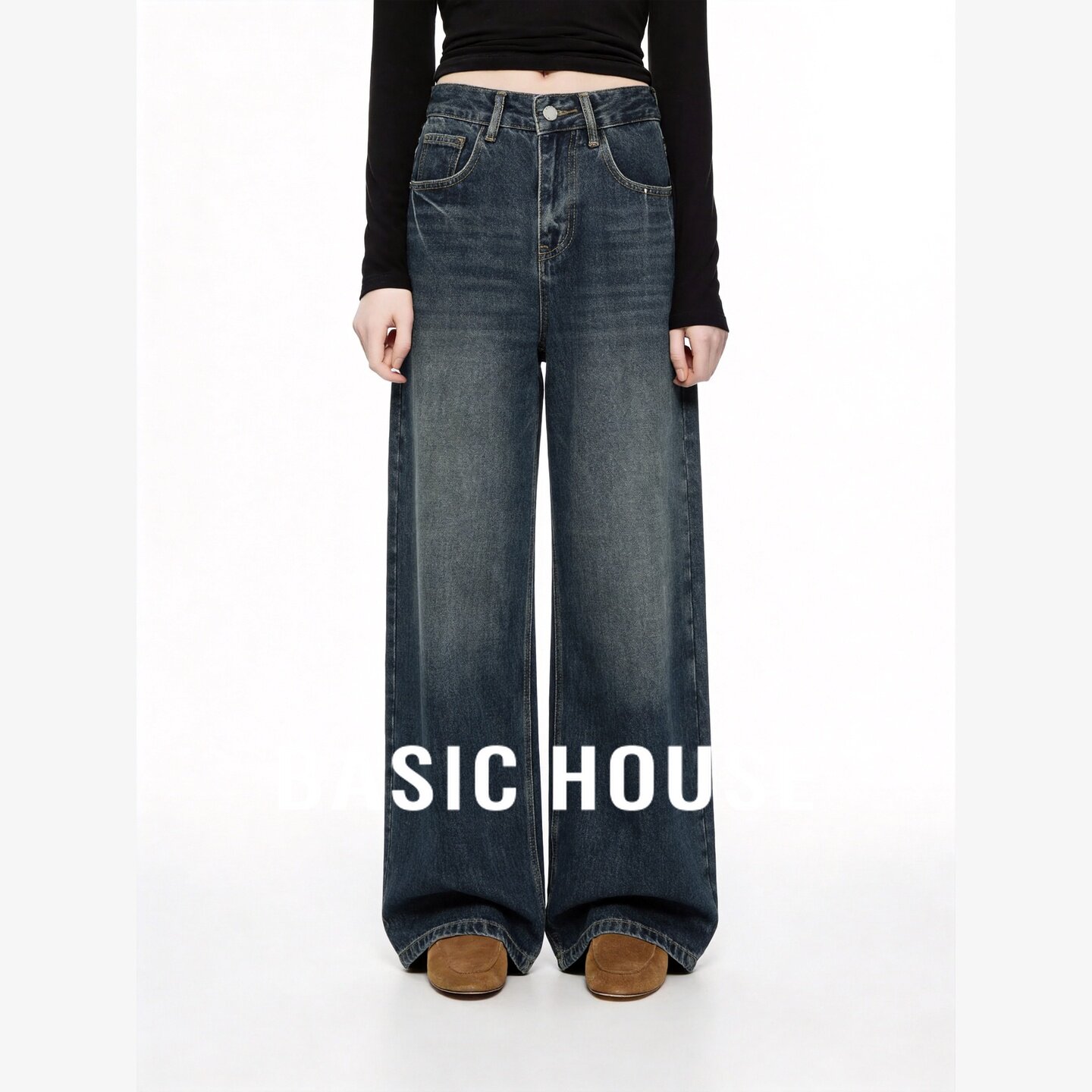 Basic House/百家好阔腿牛仔裤女宽松显瘦拖地裤高腰含棉直筒长裤