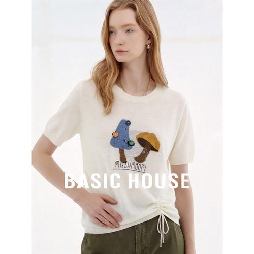 Basic House/百家好韩系休闲风针织短袖女夏蘑菇抽绳设计简约上衣