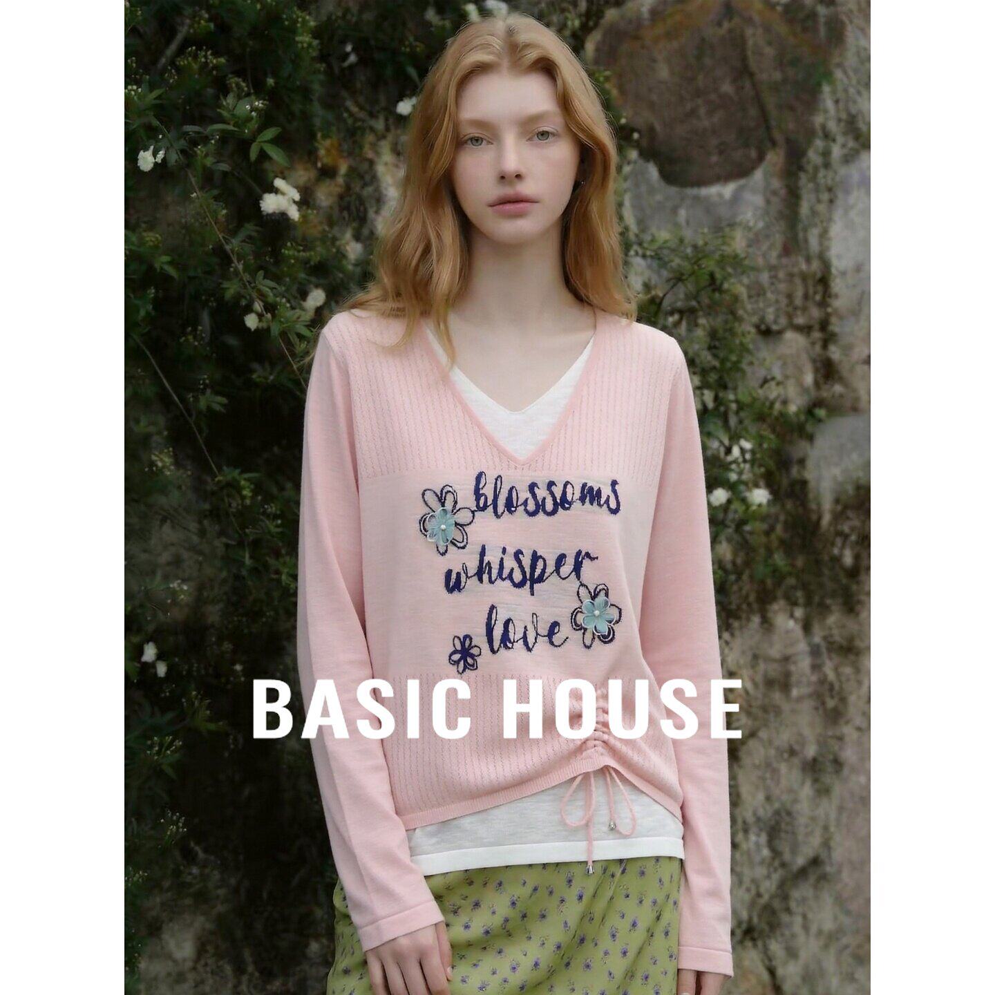 Basic House/百家好粉色假两件V领针织衫抽绳刺绣花朵慵懒风上衣