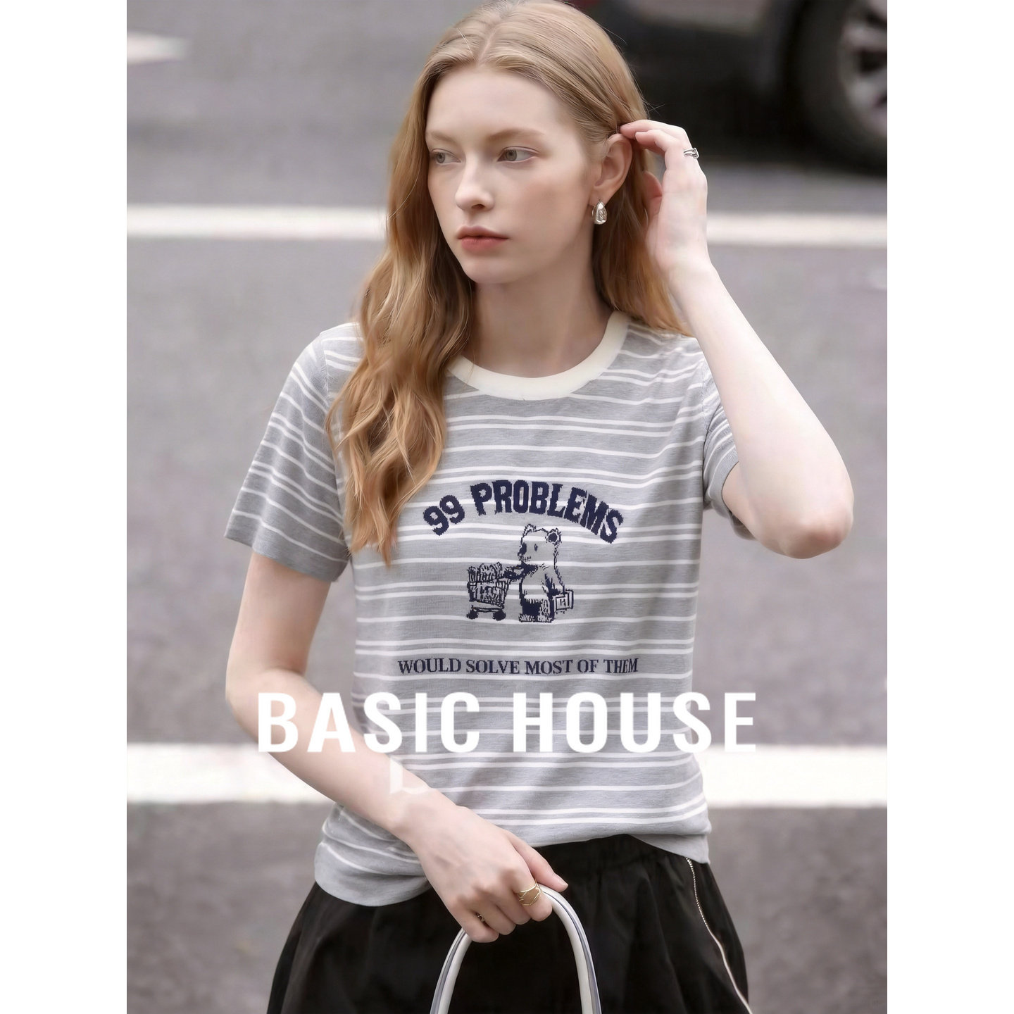 Basic House/百家好复古条纹针织衫女短袖圆领宽松休闲上衣学院风