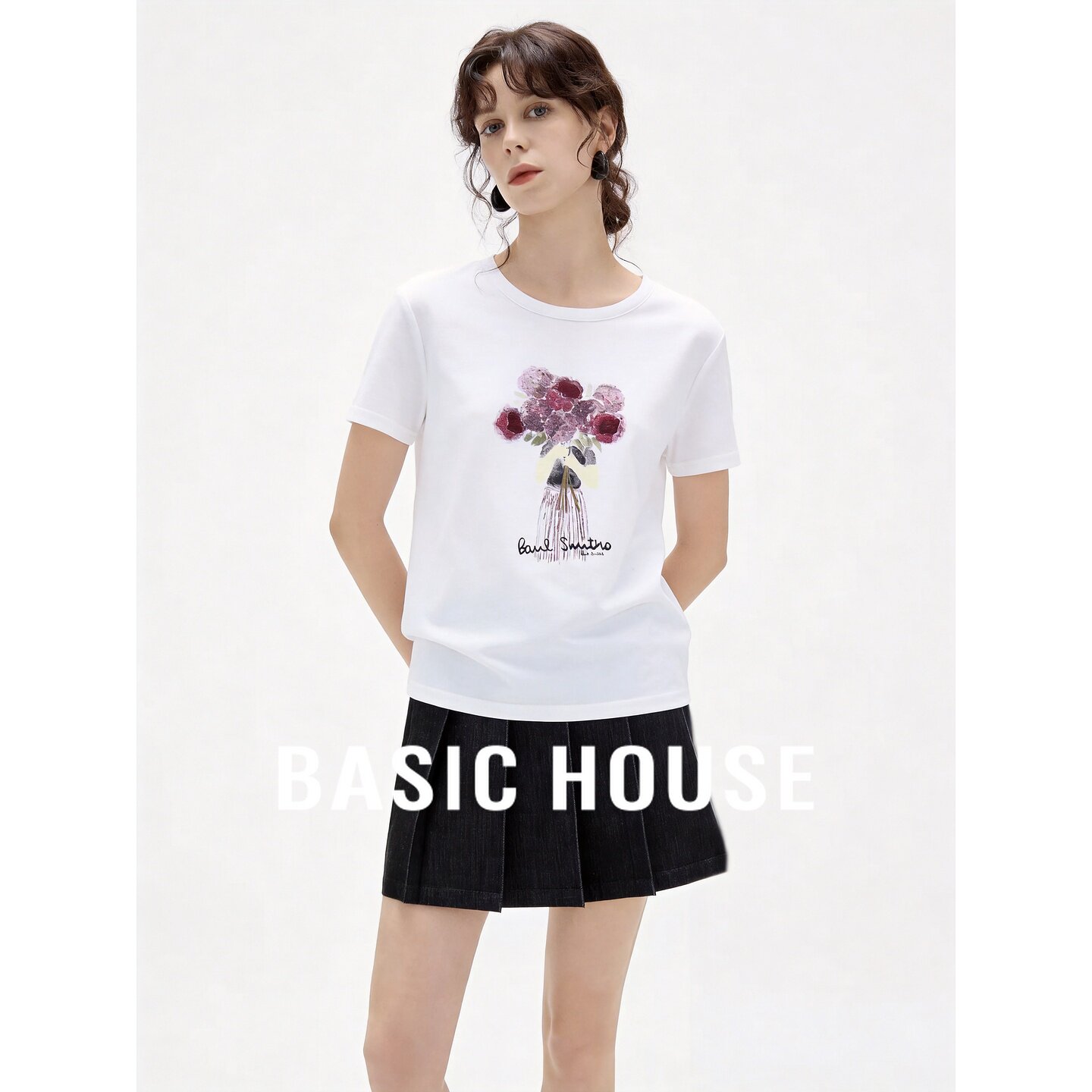 Basic House/百家好白色简约正肩短袖T恤女夏季休闲舒适棉质上衣