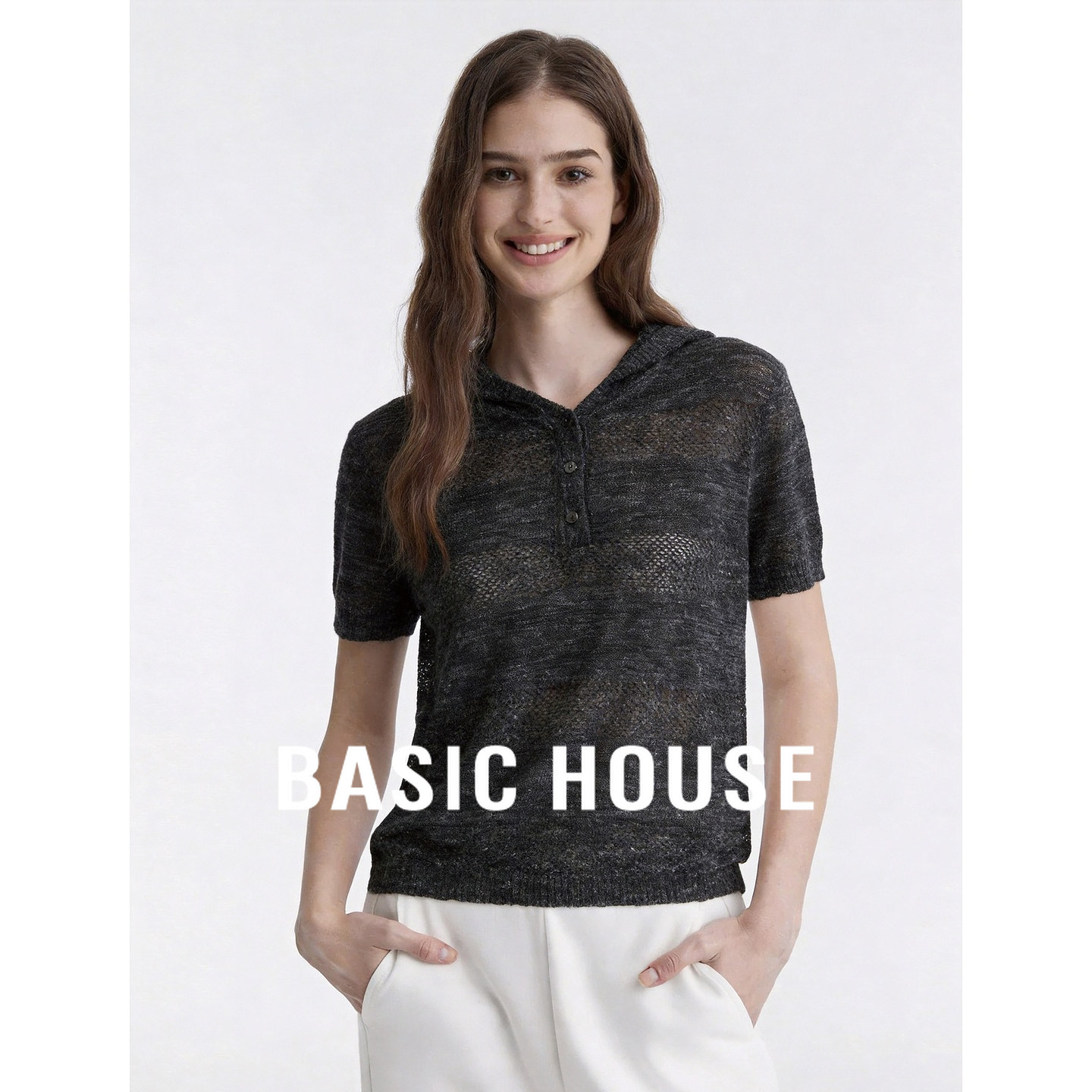 Basic House/百家好黑色连帽短袖针织衫女夏季亚麻透气肌理感上衣