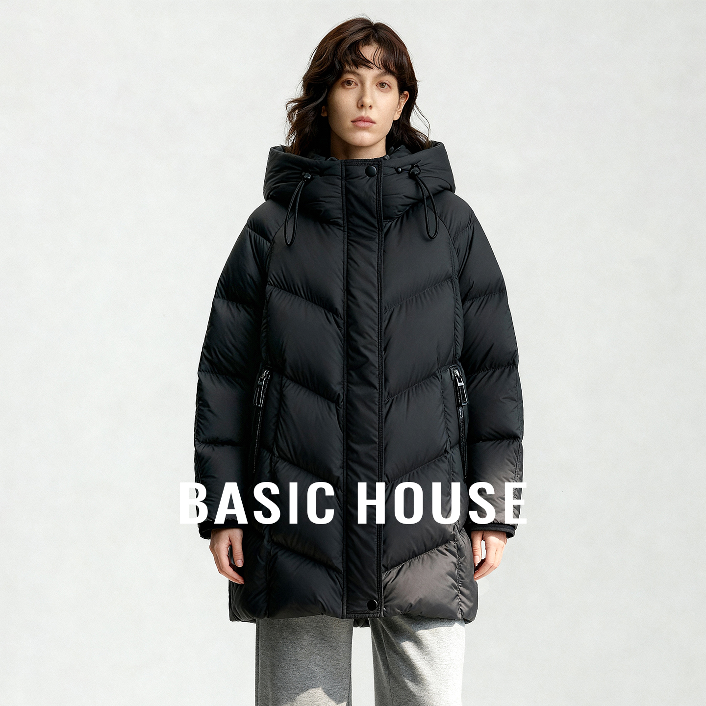 Basic House/百家好秋冬新款中长款连帽加厚羽绒服女抗寒保暖外套