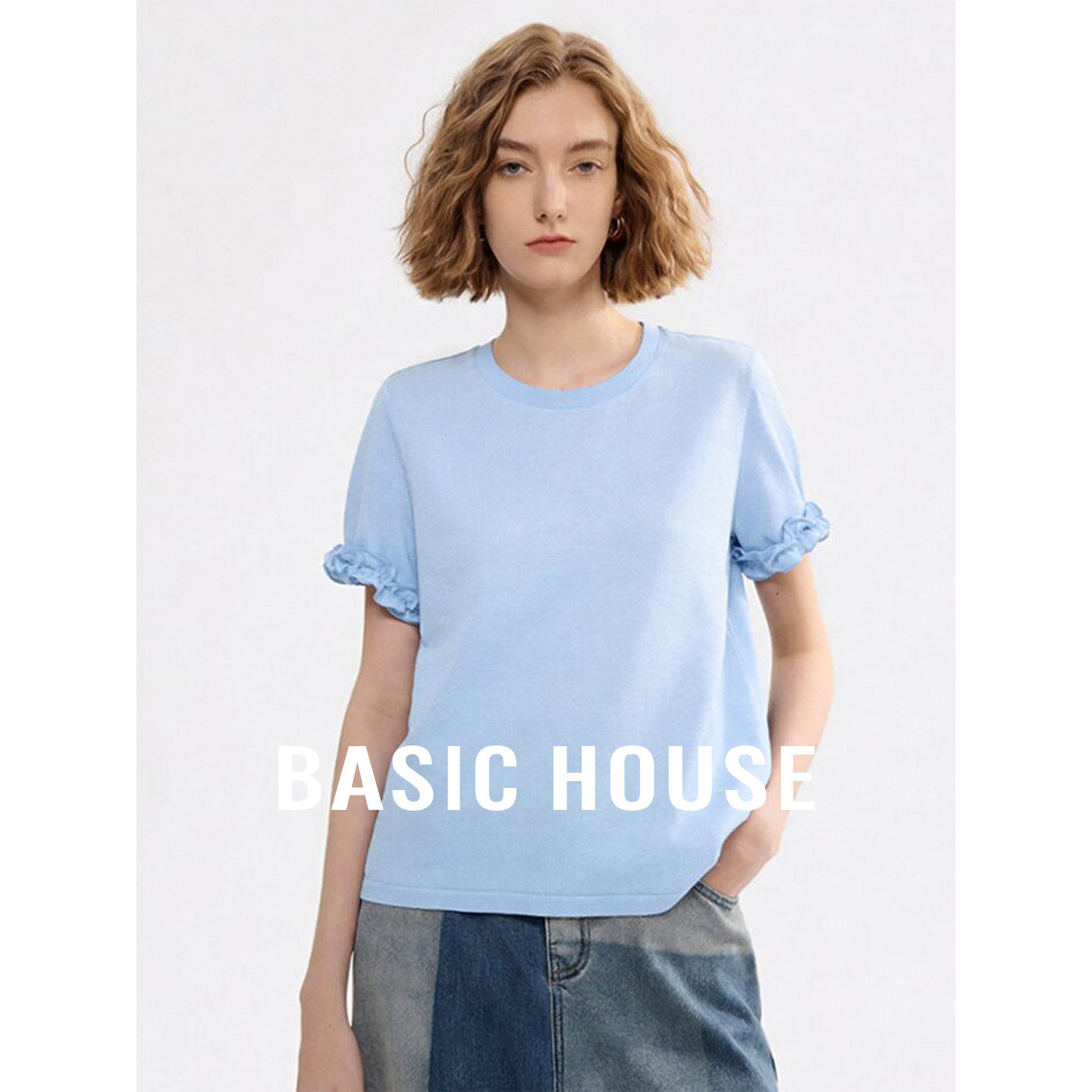 Basic House/百家好纯色木耳边短袖针织衫夏新款圆领轻薄宽松上衣