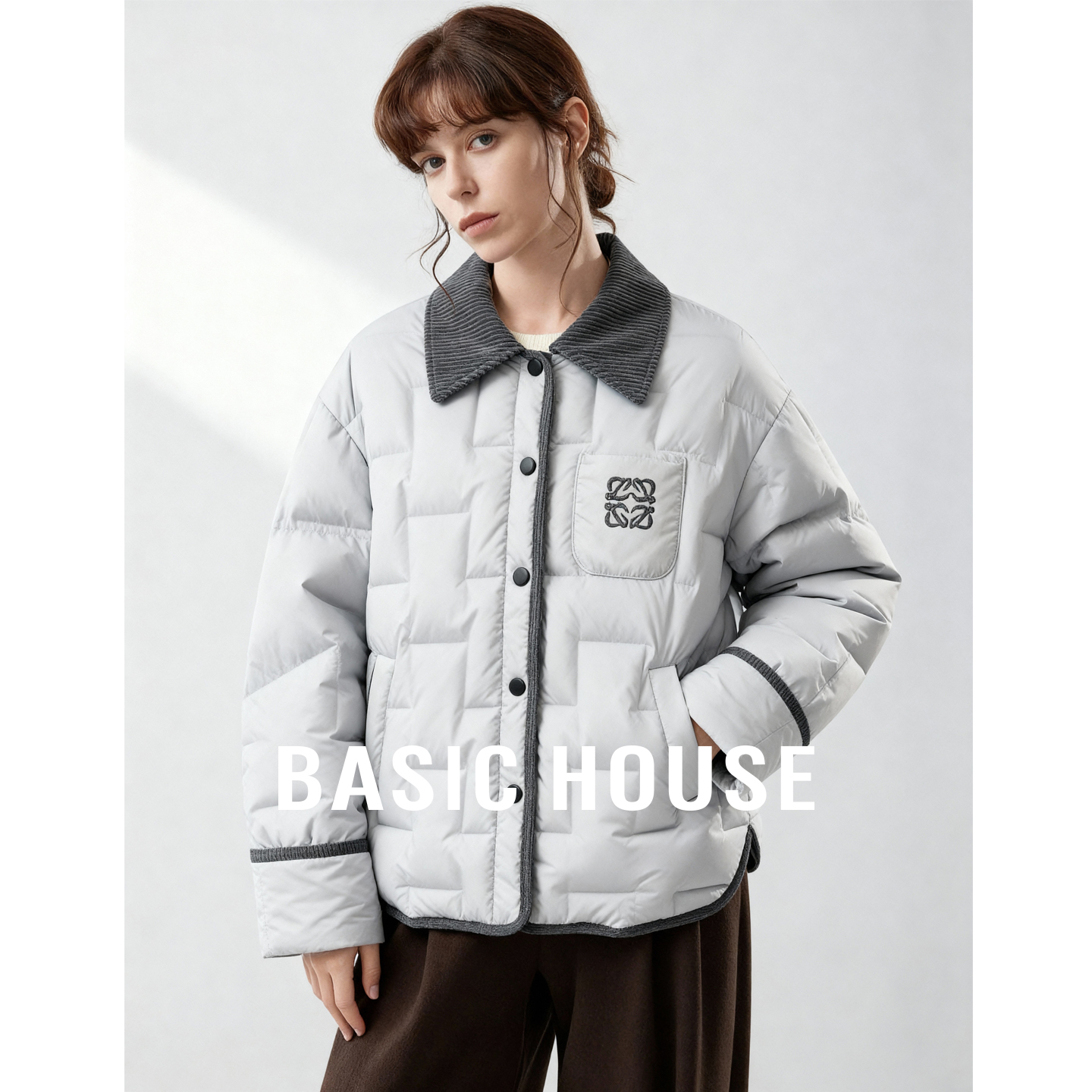 Basic House/百家好翻领短款撞色鹅绒服2025冬新款保暖羽绒外套女