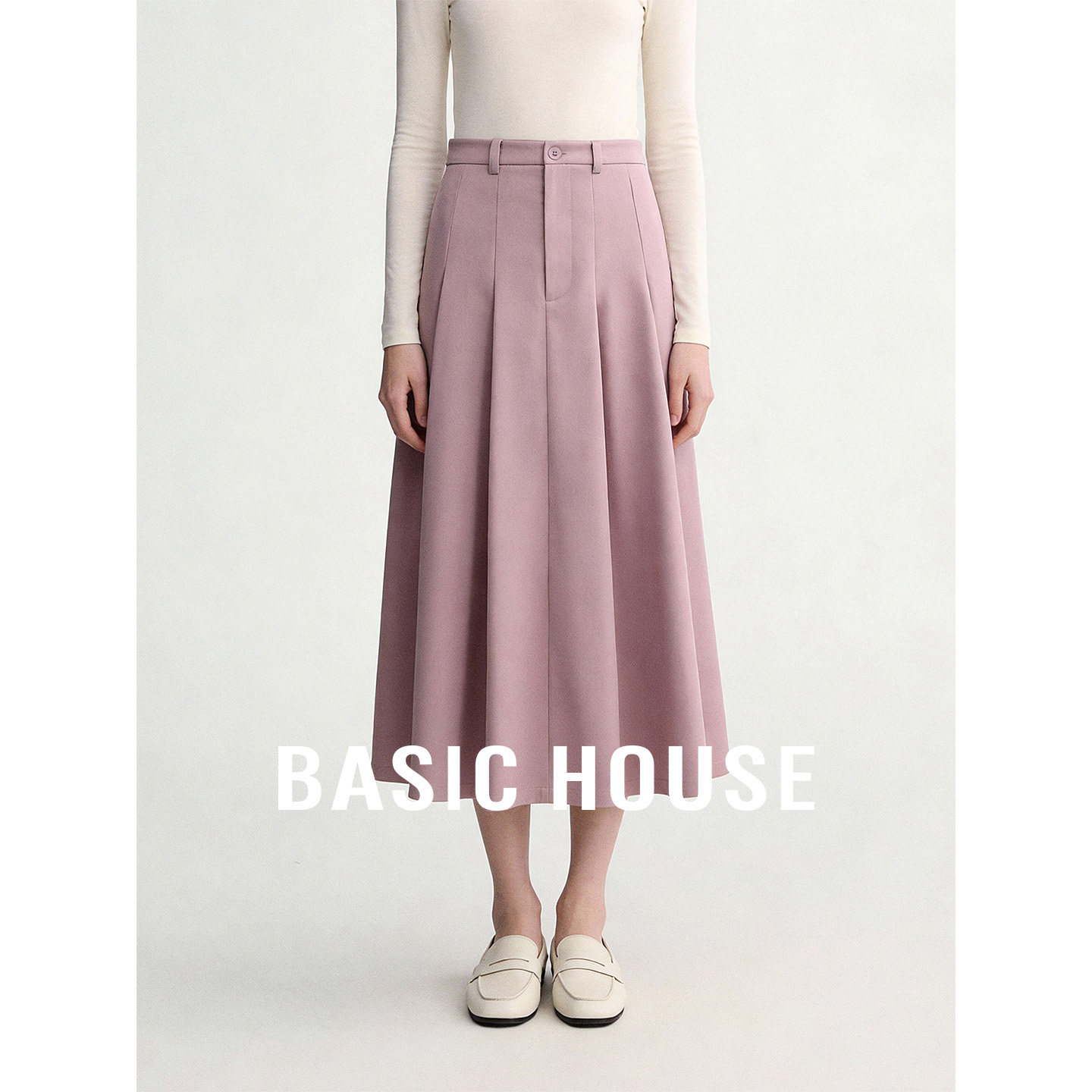 Basic House/百家好粉色高腰百褶半身裙女秋季宽松百搭中长A字裙