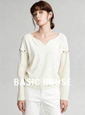 Basic House/百家好26春季新款白色V领简约版毛衣女百搭套头内搭