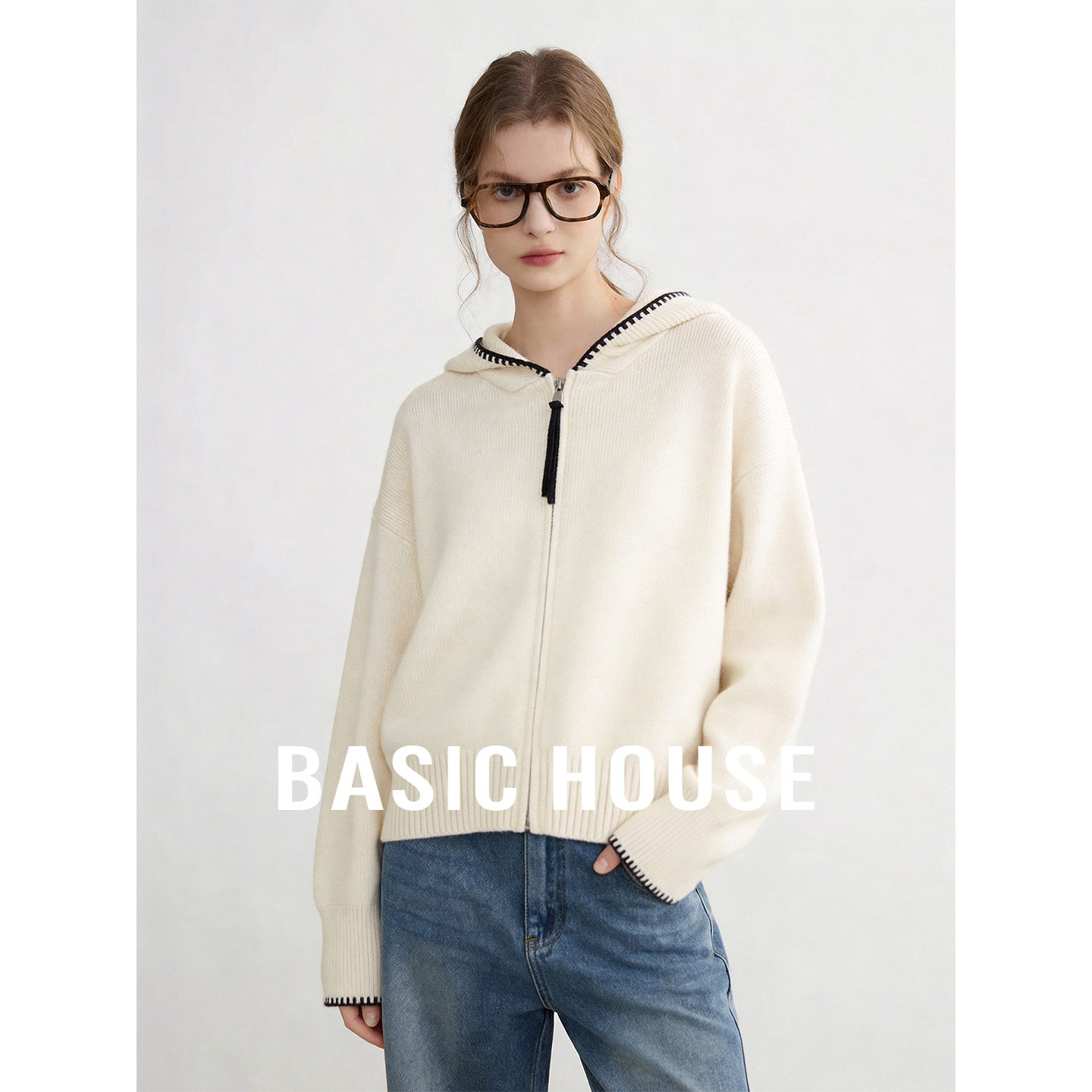 Basic House/百家好26秋季新款米白色连帽针织开衫女宽松百搭毛衫