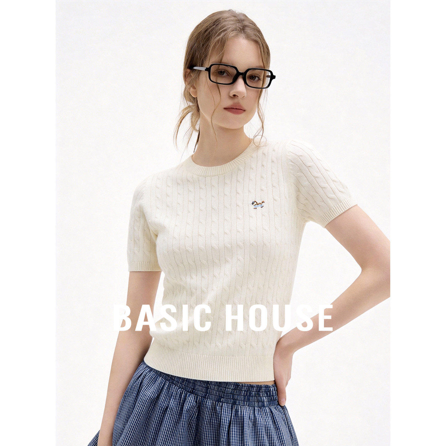 Basic House/绞花羊毛麻花短袖针织衫女夏季薄款圆领短款显瘦上衣