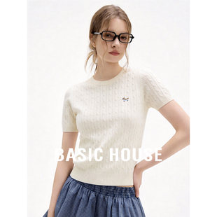 Basic House/绞花羊毛麻花短袖针织衫女夏季薄款圆领短款显瘦上衣
