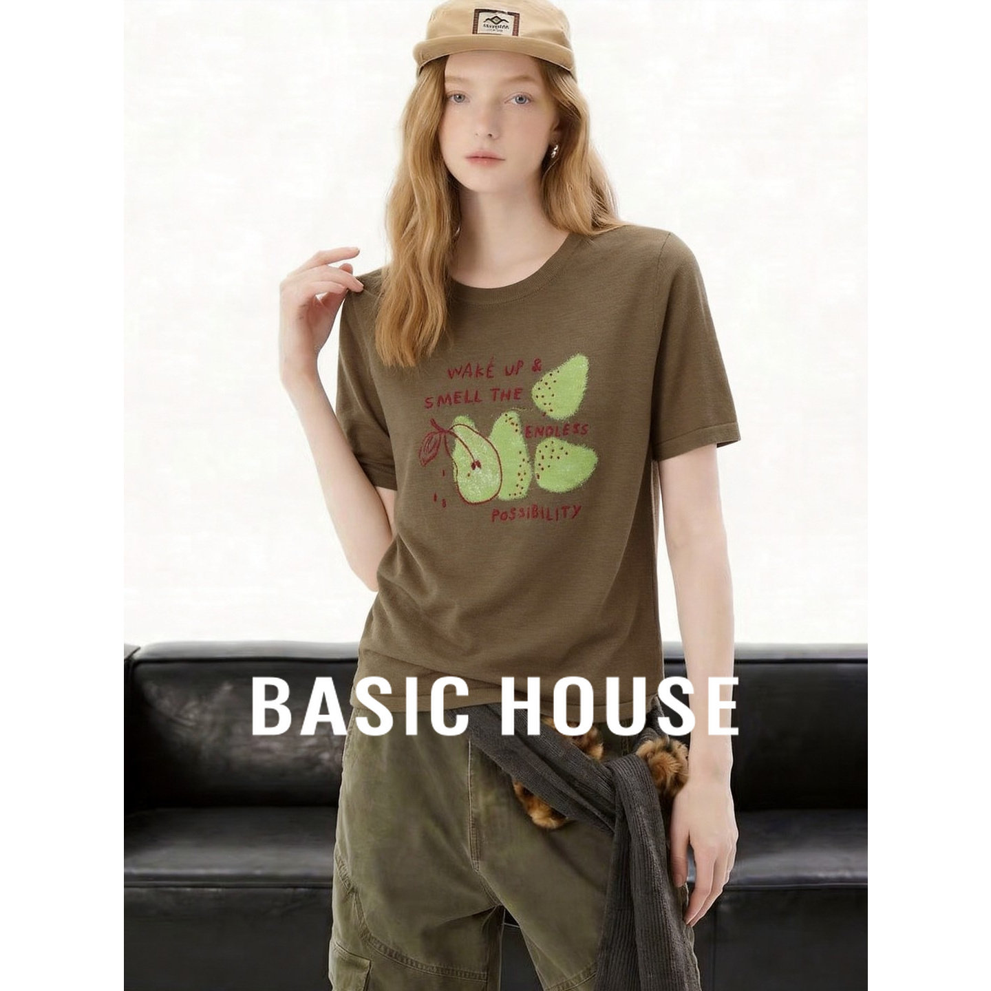 Basic House/百家好韩式休闲风梨子印花短袖T恤女夏显瘦减龄上衣