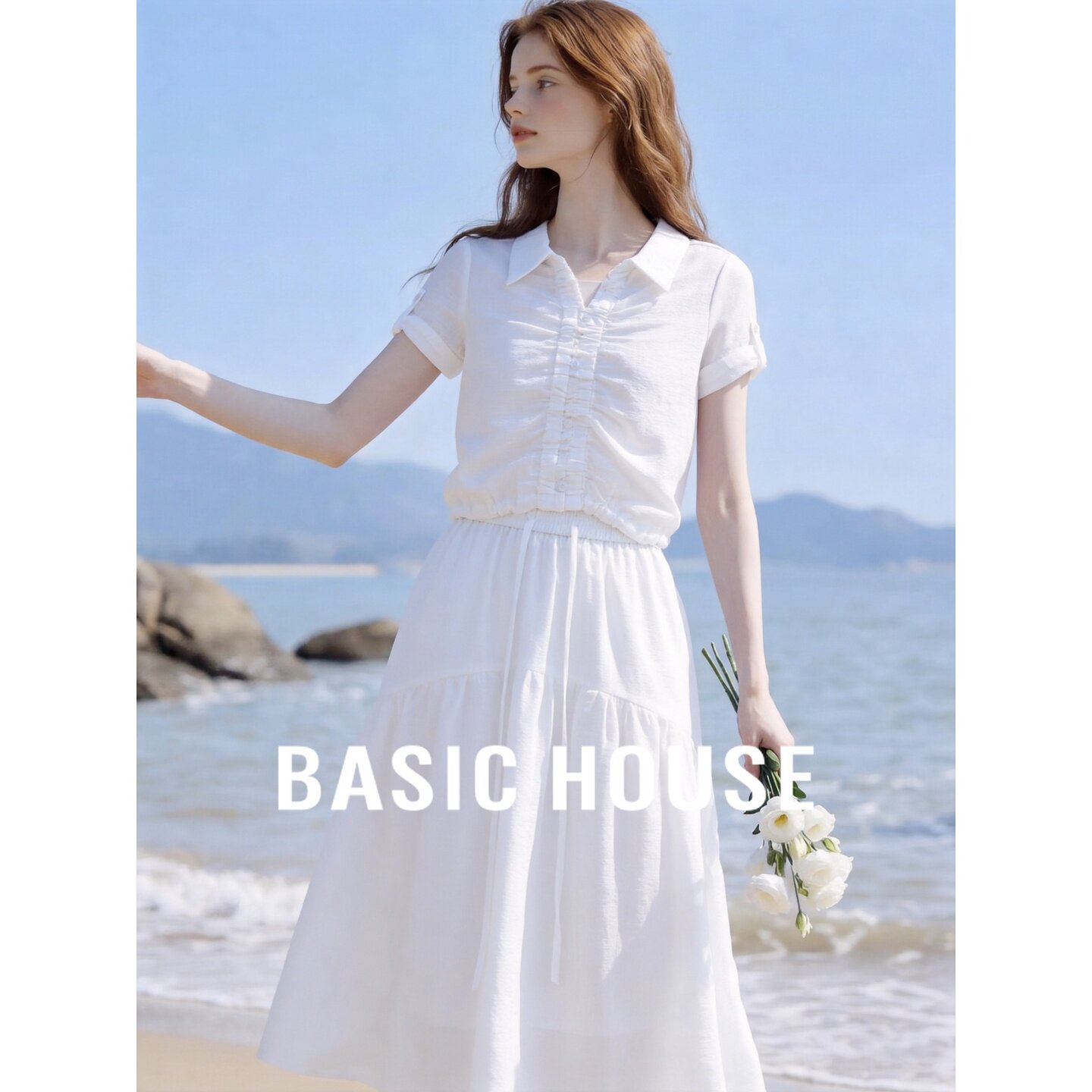 Basic House/百家好轻薄抽褶短袖A字系带半身裙两件套女夏日清新