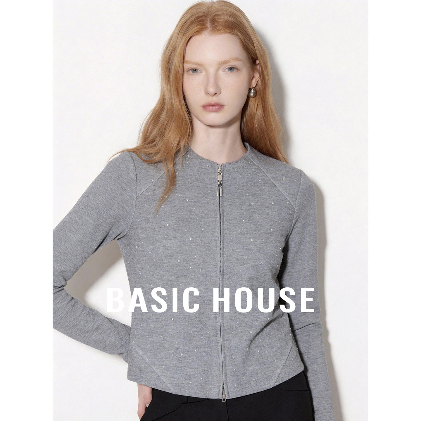 Basic House/百家好灰色圆领修身通勤外套女夏季新款闪钻短款卫衣