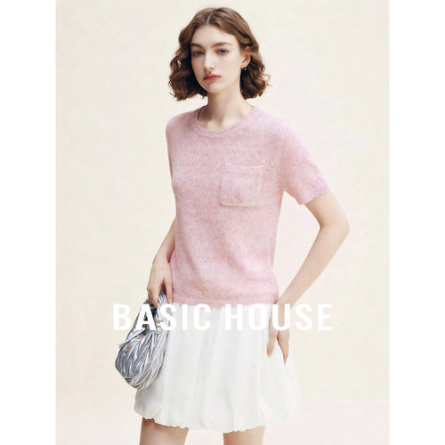 Basic House/百家好粉色圆领清新减龄短袖针织衫女夏舒适百搭上衣
