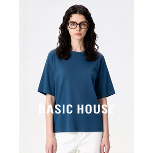 Basic House/百家好蓝色圆领基础宽松短袖T恤女夏棉舒适简约上衣