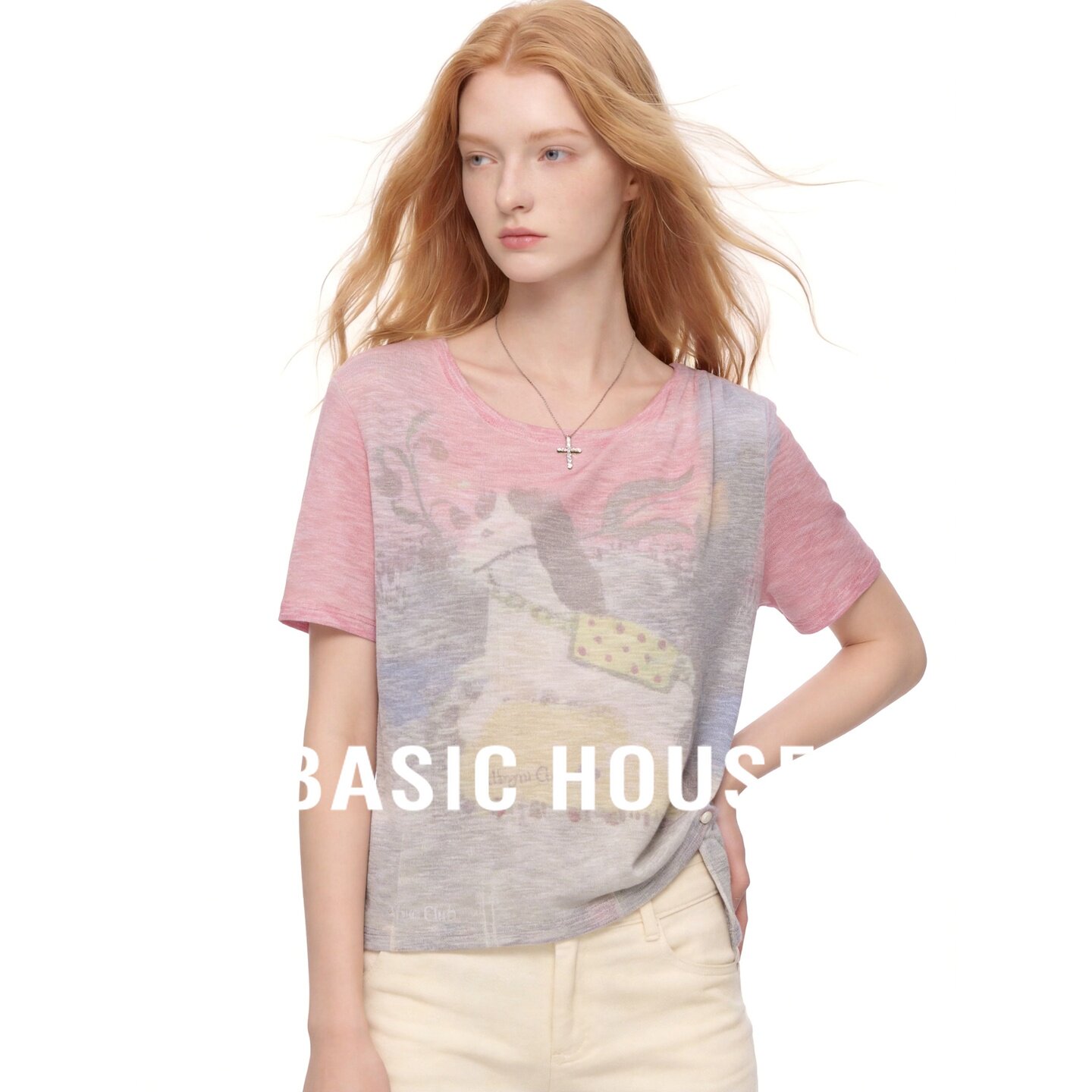 Basic House/百家好粉色渐变印花短袖针织衫女夏季宽松圆领上衣