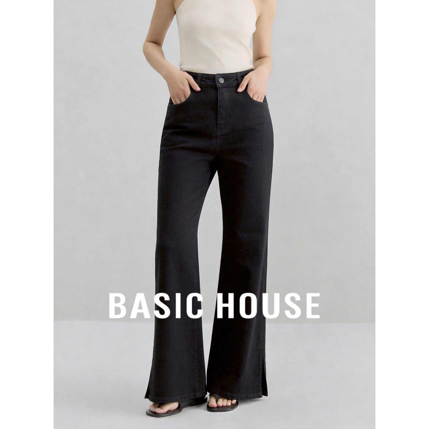 Basic House/百家好高腰微喇叭牛仔裤女垂感棉质显瘦修身黑色长裤