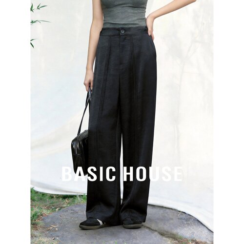 Basic House/百家好高腰阔腿裤女宽松垂感通勤黑极简日常显瘦百搭