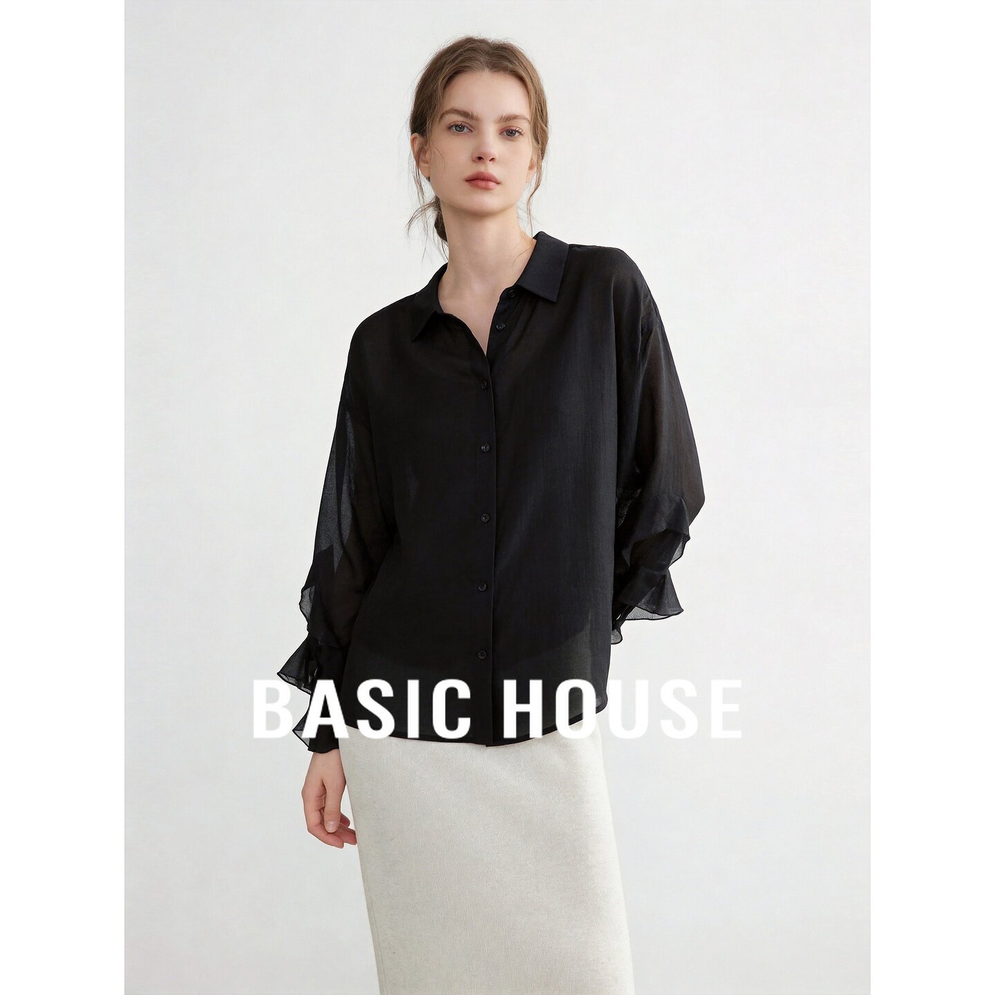 Basic House/百家好莱赛尔法式黑色翻领荷叶边优雅宽松长袖衬衫女