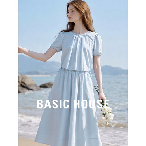Basic House/百家好简约泡泡袖上衣半身裙两件套女夏蓝色时尚套装