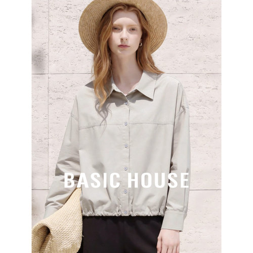 Basic House/百家好宽松翻领长袖衬衫女抽绳下摆透气百搭通勤衬衣