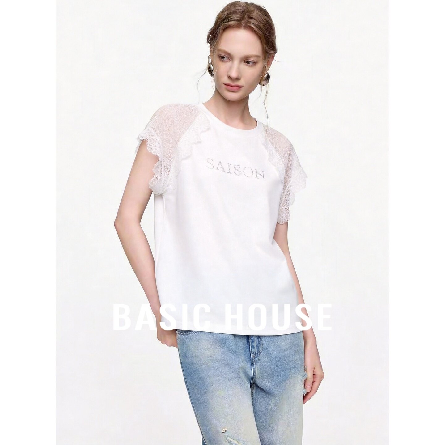 Basic House/百家好设计感白色蕾丝拼接短袖T恤女夏季透视袖上衣