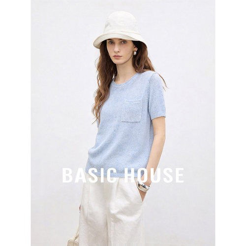 Basic House/百家好2026夏季新款蓝色短袖针织衫女基础简约上衣
