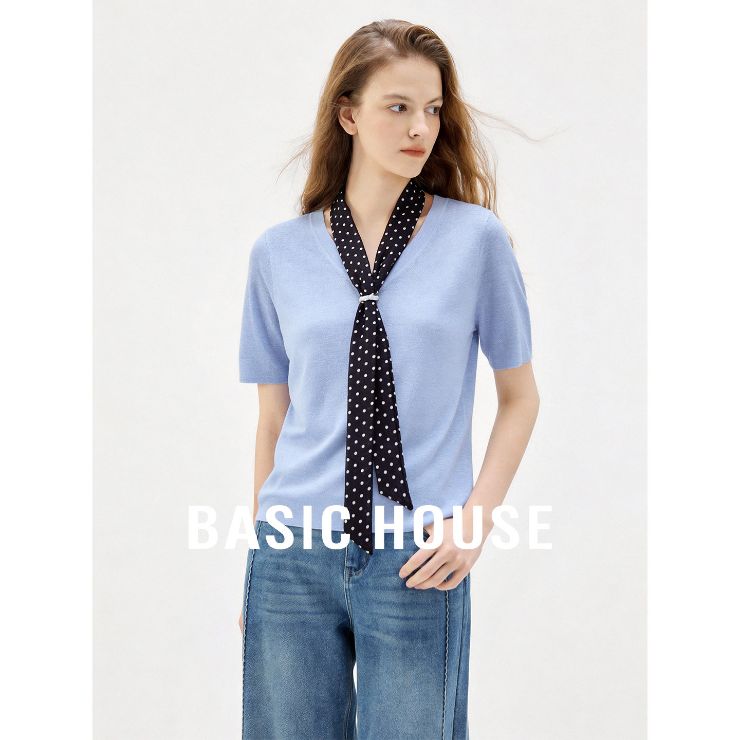 Basic House/百家好V领波点领结短袖针织衫女26夏季宽松套头上衣