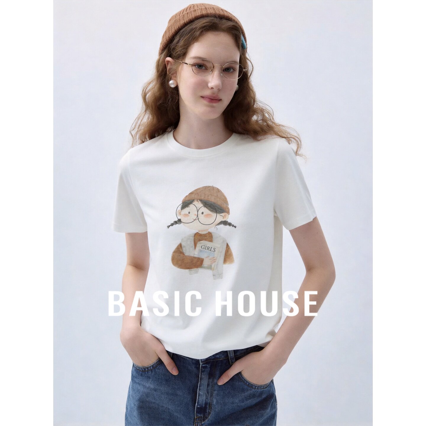Basic House/百家好韩版卡通印花棉质短袖T恤女夏季宽松百搭上衣