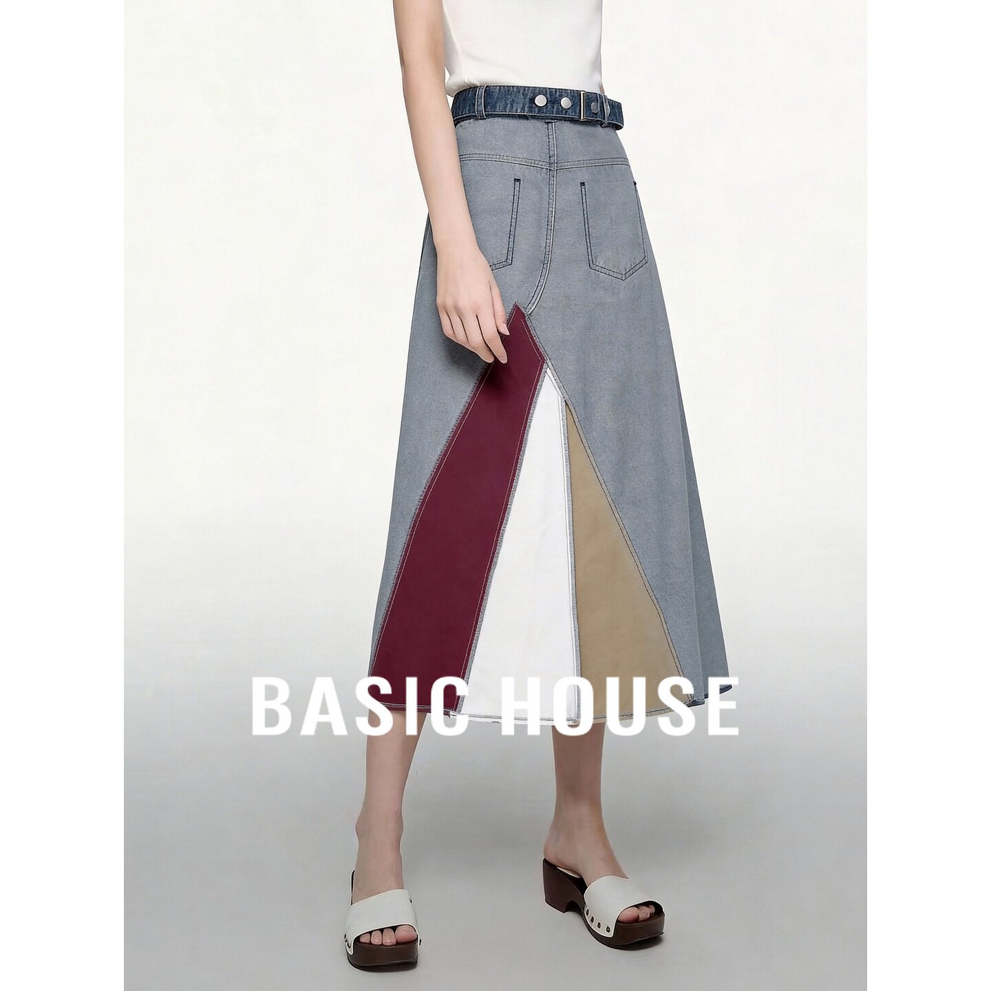 Basic House/百家好不规则拼接牛仔半身裙女夏设计感中长裙开叉裙