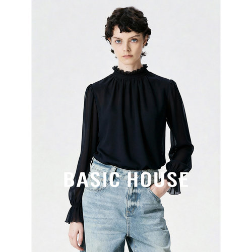 Basic House/百家好黑色花瓣领设计衬衫女春季网纱不扎舒适上衣