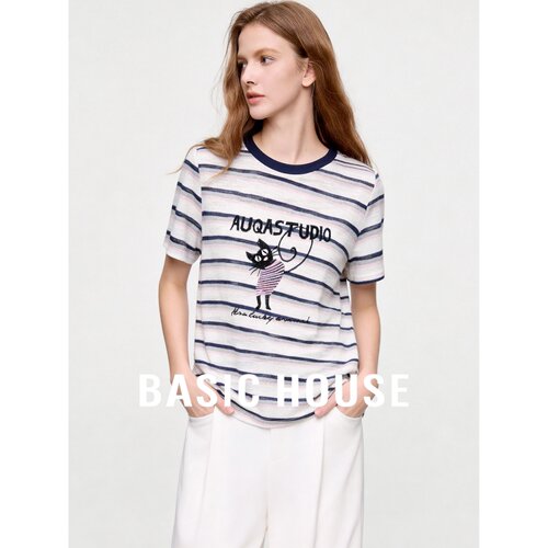 Basic House/百家好刺绣条纹短袖T恤女夏季显瘦百搭撞色领上衣
