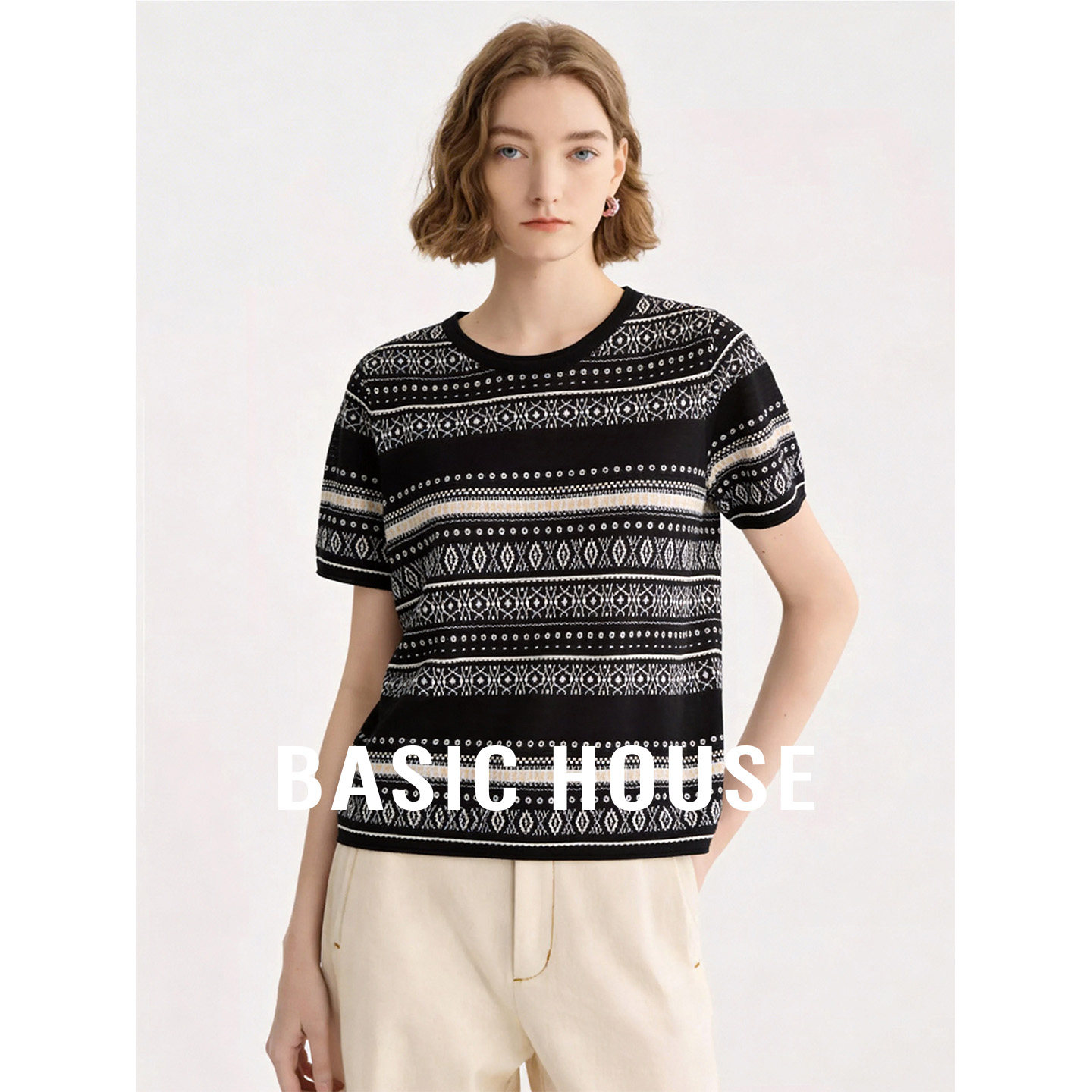 Basic House/百家好复古黑色圆领短袖针织衫女夏季设计感百搭上衣