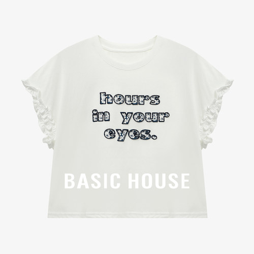Basic House/百家好透气舒爽字母刺绣木耳边短款T恤宽松短款上衣