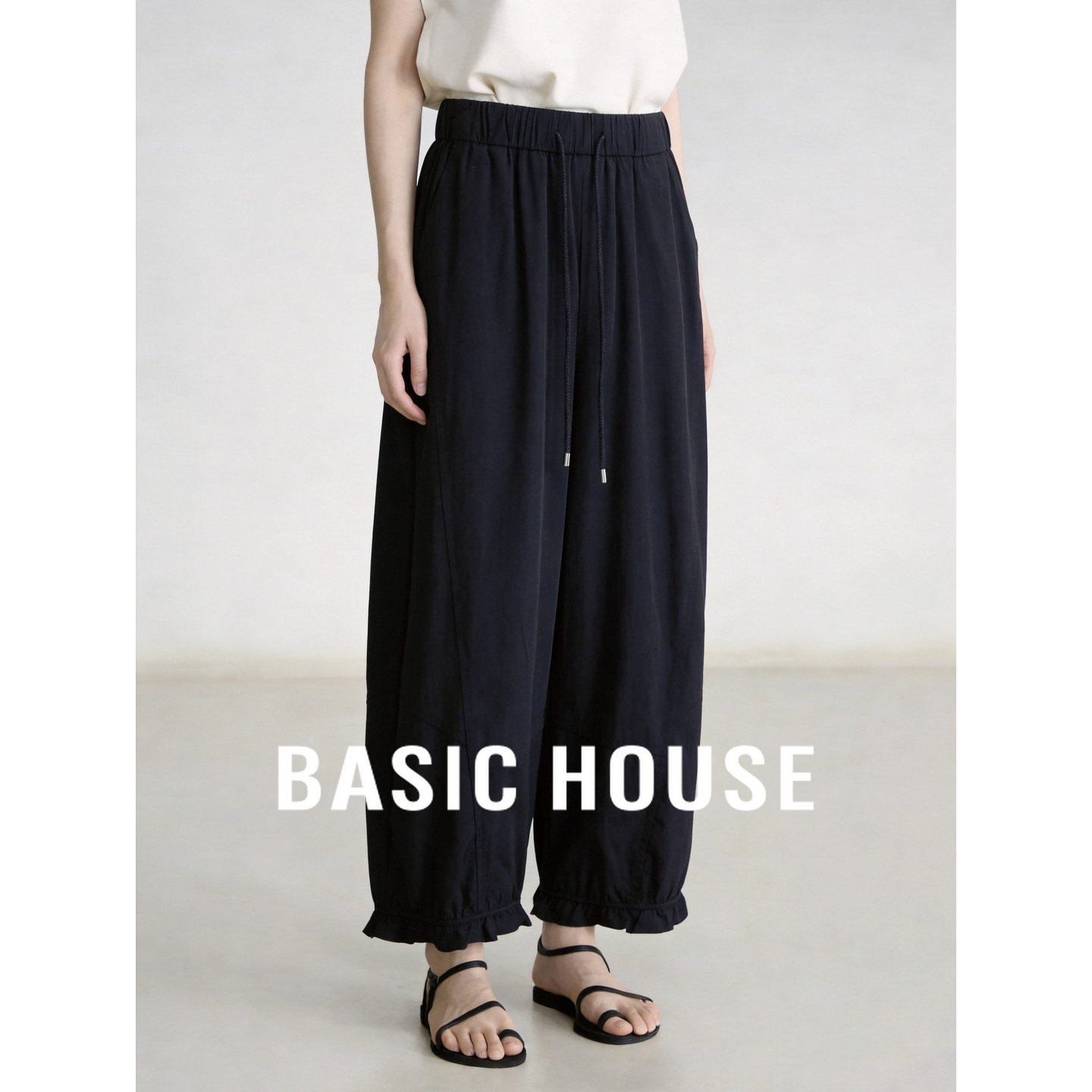 Basic House/百家好藏蓝直筒高腰阔腿裤女2026夏季休闲舒适花苞裤