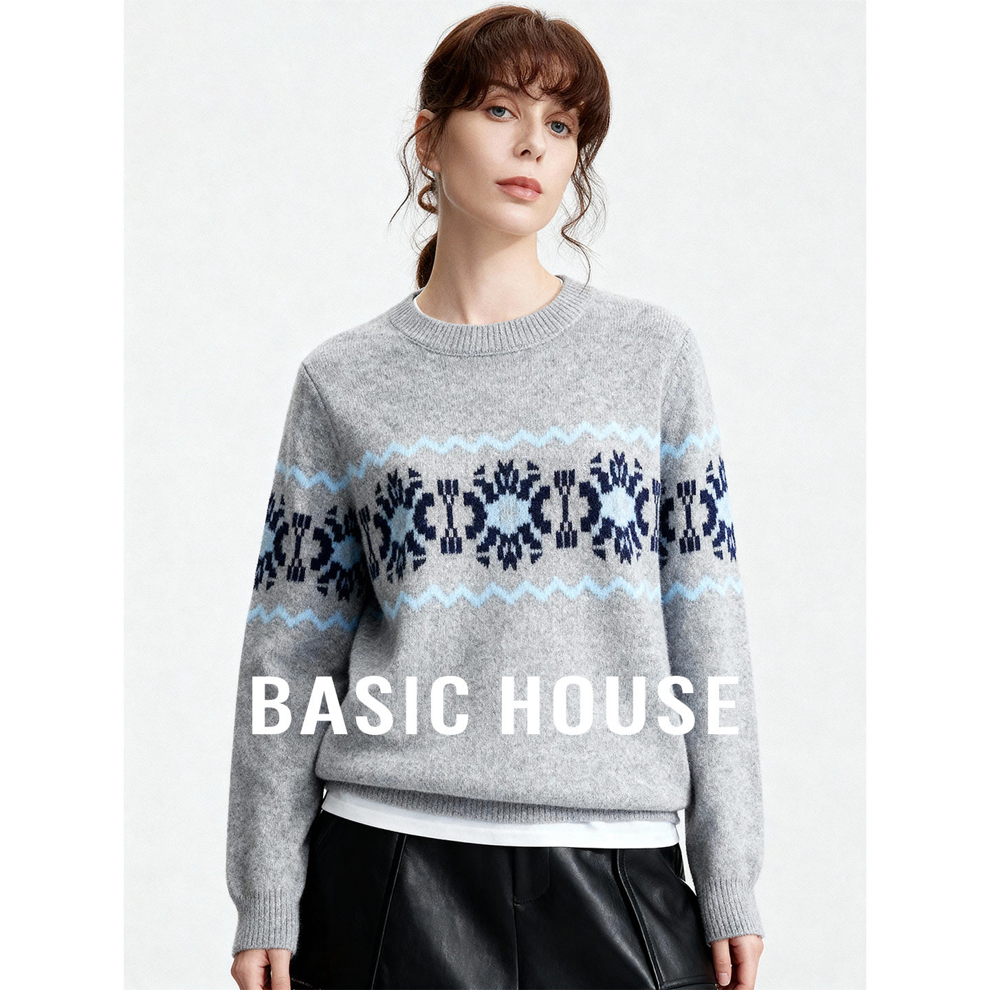 Basic House/百家好费尔岛提花羊毛毛衣女秋冬复古宽松圆领针织衫,女装/女士精品,毛衣,淘宝优惠券,粉丝福利购,淘宝优惠卷
