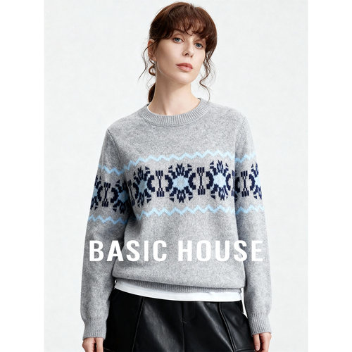 Basic House/百家好费尔岛提花羊毛毛衣女秋冬复古宽松圆领针织衫