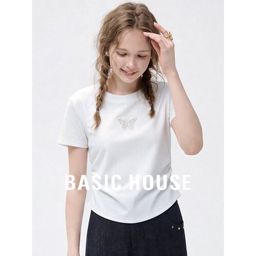 Basic House/百家好新款蝴蝶刺绣收腰T恤女日常百搭显瘦上衣夏