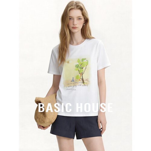 Basic House/百家好卡通印花短袖T恤女白色圆领宽松百搭显瘦上衣