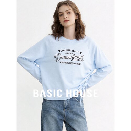 Basic House/百家好休闲风圆领字母印花长袖T恤抽绳设计宽松上衣